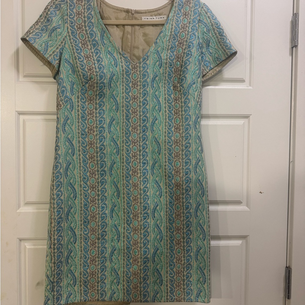 Trina Turk Aqua & Blue Swirl V-Neck Dress